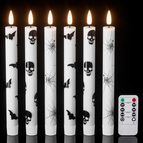 Image of Halloween Flameless Taper Candles Battery Operated with Remote and Timer, 3D Wick Flickering LED Taper Candles Skull Bats Spider Decals Dinner Table Halloween Lights(6 Pack, 0.78 x 9.64 inch)