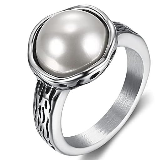 Stainless Steel Faux Pearl Solitaire Style Wedding Engagement Proposal Statement Anniversary Ring (Silver White, 9)