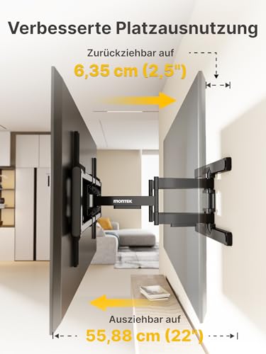 monTEK Vollbewegliche TV Wandhalterung für 43-95 Zoll Fernseher bis zu 60kg, TV Wandhalterung Schwenkbar mit Doppelten Gelenkarmen, Neigbare Wandhalterung Fernseher, Max. VESA 800x400 mm – Bild 7