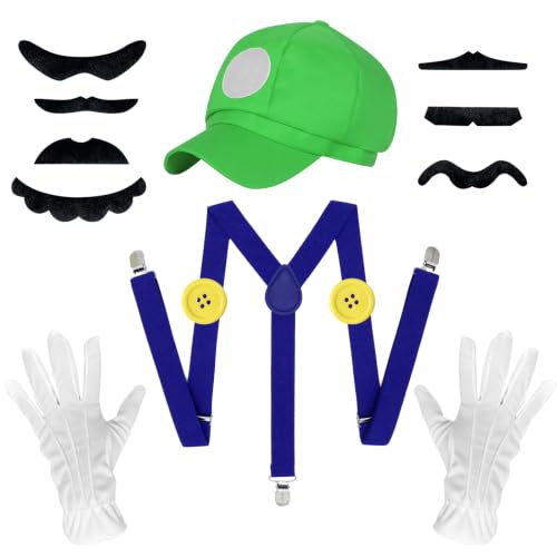 Driflo Luigi Clothing Luigi Costume Cosplay Costume Accessories Kits for Adult 13Pcs with Hats Cap Mustaches White Gloves Anime Cosplay Costume for Women Men