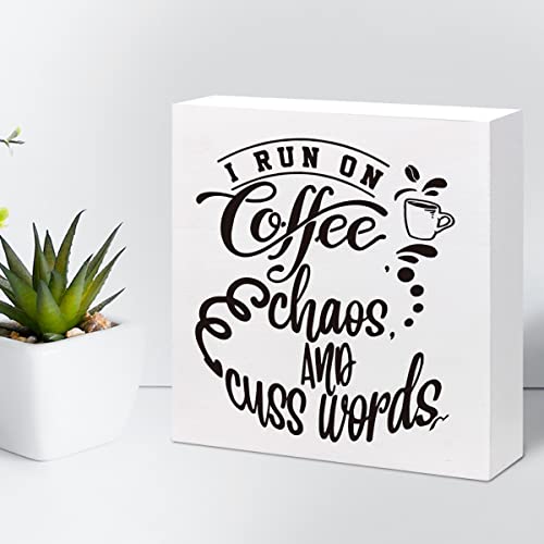 I Run On Coffee Chaoswood Box Sign Desk Decor,Funny Coffee Wood Block Plaque Box Sign Desk Decorations For Home Kitchen Office Cafe Coffee Bar Man Cave Desk Shelf Table Decor #TOP4