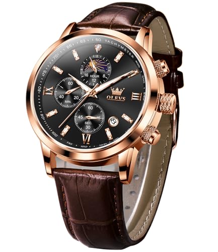 Image of OLEVS Watches for Men Original Analog Quartz Stylish Brown Leather Luxury Business Chronograph Waterproof Date Mens Wrist Watch