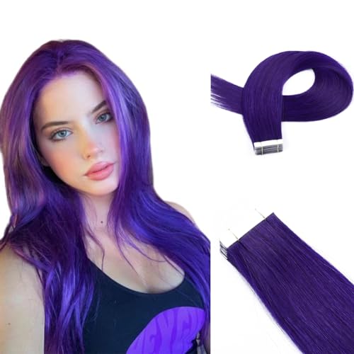 Saisifen Tape in Human Hair Extensions Straight 20pcs 50g/Pack Dark Purple Tape ins Extension 14 inches