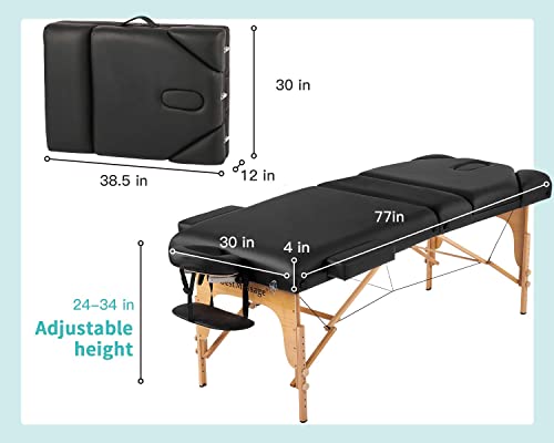 Massage Table Massage Bed Spa Bed Height Adjustable 77-86 Inches Long 30 Inches Wide Salon Bed 2 Fold 4 Inches Thick Foam Pad Portable Massage Table W/Carry Case Bolster #TOP5