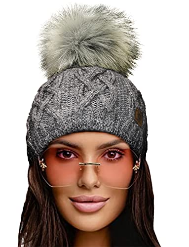 Image of 4sold Ladies Chunky Soft Cable Knit Handmade Woman Hat Cosy Fleece Liner and Bobble Faux Fur Pom pom (Debora Grey)