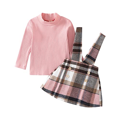 Baby Girls Fall Winter 2Pcs Outfit Sets Ribbed Long Sleeve Pullover Tops + Plaid Suspender Skirt 12 18 24M 2T 3T 4T 5T (A-Pink, 12-18 Months) #TOP9