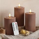 WYZworks Fluted Ribbed LED Pillar Candles, Brown, with Realistic Reflective Melted-Wax Effect – Flickering Flame, Remote, Dimmable, Flameless, Battery Operated, Home & Wedding Decor (Set of 3)