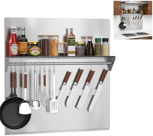 Vlaeng 30"x30" Stainless Steel Range Backsplash, Stove Backsplash With Storage Shelf & Magnetic Knife Rack, Stainless Steel Backsplash For Stove, Range Hood Wall Shield With Pre-Drilled Holes