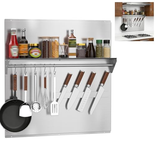 Vlaeng 30"x30" Stainless Steel Range Backsplash, Stove Backsplash With Storage Shelf & Magnetic Knife Rack, Stainless Steel Backsplash For Stove, Range Hood Wall Shield With Pre-Drilled Holes by Vlaeng - Used condition - US$118.49
