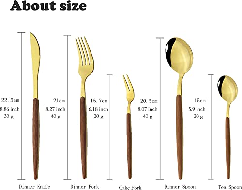 Image of Gold Flatware Matte Wooden Handle Stainless Steel Tableware Sets for 3 Including Forks Spoons Knives, Camping Silverware Travel Utensils Set Cutlery(Gold, Set of 15)