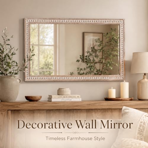 Image of Wooden Bathroom Wall Mirror, 36x24x1.25 inch Solid Wooden frame, White Antique | Rustic Solid Wood Vanity Mirror, Farmhouse Decorative Mirror for Home, Vertical & Horizontal Hanging, Wood Finish