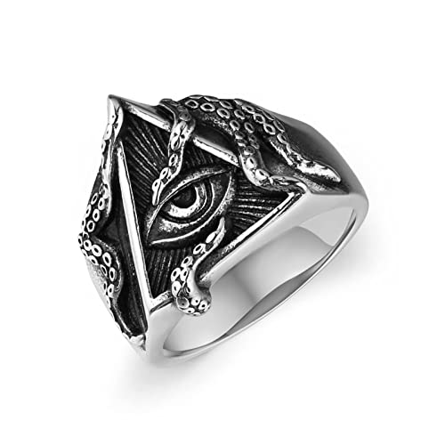 Hzman Vintage Triangular Masonic Eye Of Providence Tentacle Mens Ring Punk Heavy Duty Stainless Steel All Seeing Eye Ring Biker Jewelry Gift #TOP11