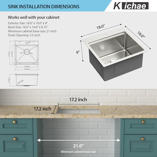 Image of Kichae Drop In Bar Sink- 18 x 18 x 9 Inch Small Overmount Topmount Stainless Steel RV Sink Single Bowl Workstation Wet Bar Prep Kitchen Sinks Patio Handmade Basin with Cutting Board & Rack