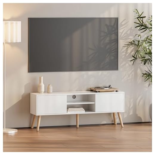 Tv-bänk Tv-skåp Mediaförvaring Sidobord Sideboard med 2 Dörrar Öppna Hyllor 5 Ben i Trä Max.20 kg Melaminbelagd Spånskiva Kabelgenomföring Vit 120x29,5x46,5cm