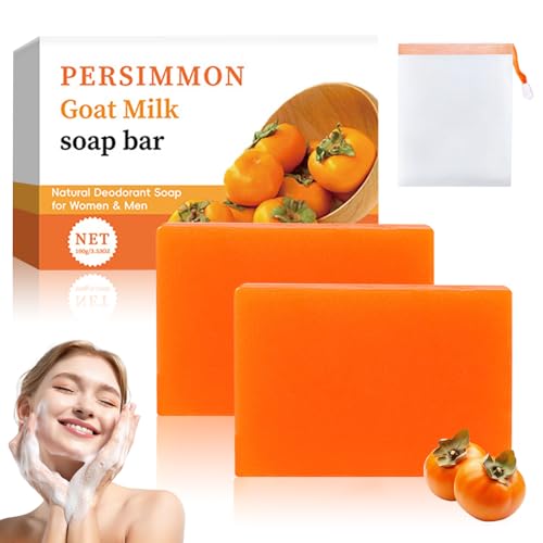 2 Stück Kaki Seife Natural Presimmon Soap Persimmon Kernseife Natur mit Einem Schaumnetz Feste Seifen für Männer Frauen Tiefenreinigung und Verkleinernde Poren