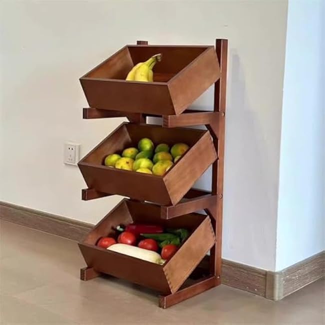 3-Tier Storage Rack, Countertop Organizer Kitchen Storage Produce Storage Fruit Stand Storage Organizer Solid Wood Fruit Basket Stand for Storing Fruits, Books, Vegetables,Brown