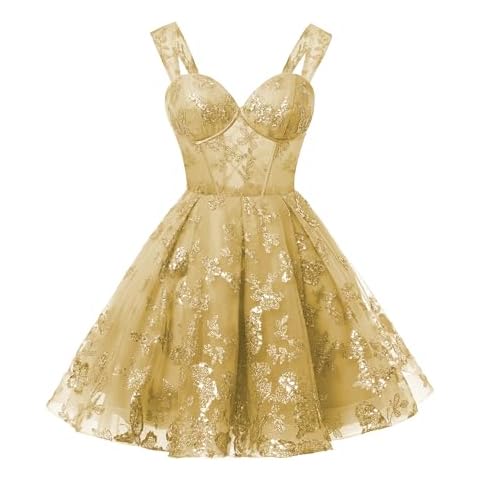 TIRAS Butterfly Sparkly Tulle Homecoming Dresses 2024 Short Glitter Double Straps Homecoming Dress Gold US Size 2 Cover