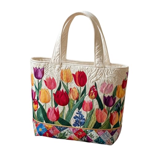 Image of KUNYOS Floral Series Vintage Art Print Quilted Tote Bag for Women, Large Capacity Quilted Top-Handle Bag, Quilted Bag for Shopping, Travel, Beach, School & Daily Use (Q, Horiz.M(15.0"×3.9"×13.8"))