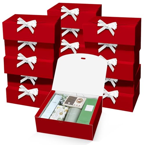 PEKGRIL 15 PCs Gift Boxes with Lids Red 10X8X4 Inch Gift Boxes Bridesmaid Proposal Box with Ribbon Kraft Paper Boxes for Wedding Packaging Present Birthday Christmas Party