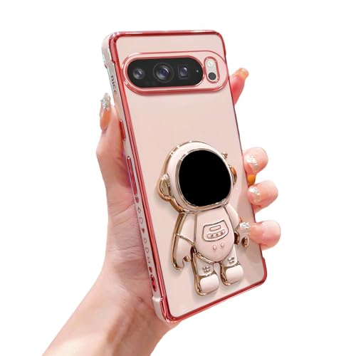 phylla Phone Case for Google Pixel 9 Pro XL 5g 6.8",Luxury Plating Astronaut Stand Holder Phone Case with Cute Love Heart Side Small Pattern Soft Silicone Shockproof Kickstand Cover Bumper (Pink)