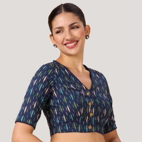 Image of Studio Shringaar Women's Cotton Ikat Printed Elbow Length Sleeves Saree Blouse