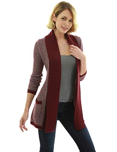 AmélieBoutik Women Open Front Long Sleeve Pocket Marled Sweater Cardigan(Red