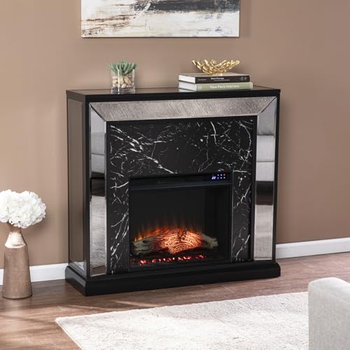 HomeStock Electric Fireplace with Mirrored Mantel & Faux Marble Accents - 44" Linear Fireplace