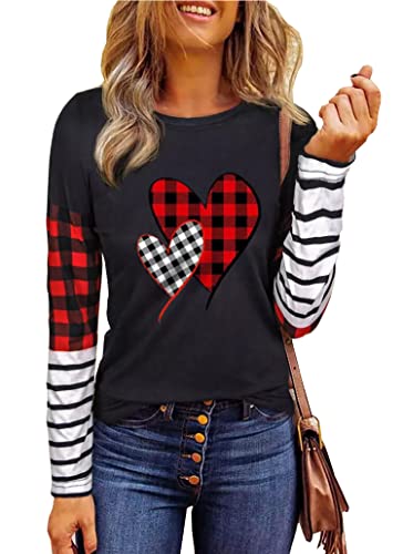 Valentine Plaid Love Heart Shirt for Women Valentine's Day Long Sleeve Striped Splicing Blouse Tops Tees