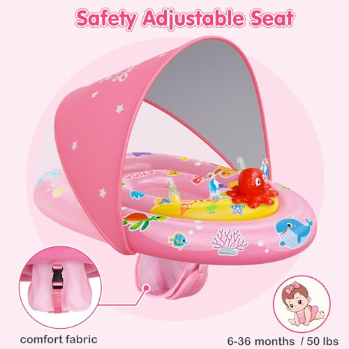 EZIGO Baby Pool Float with Canopy UPF50+ Sun Protection, Inflatable Kids Pool Floats with Ocean Animal Toys for Baby 6-36 Months, Infant Swimming Float with Adjustable Safety Seat for Boys Girls Pink by EZIGO - Image 4