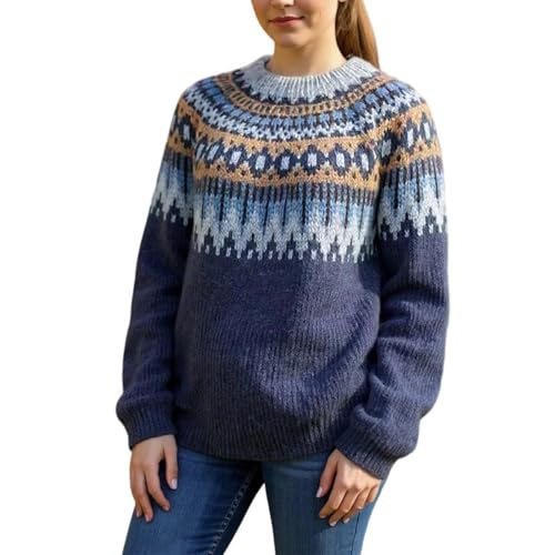 Kleid Herbst Damen Pullover FüR Longsleeve Mit Rundhalsausschnitt Norwegermuster Strickpullover Langarm Oberteil Weiches Material Klassisches Design...