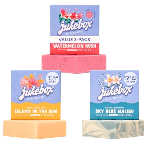 JUKEBOX Natural Womens Bar Soap Creamy Lather Shower & Bath Soap Crafted Using Cold Process With Natural Oils Watermelon Rush + Island in the Sun + Sky Blue Malibu 5oz (3-Pack)
