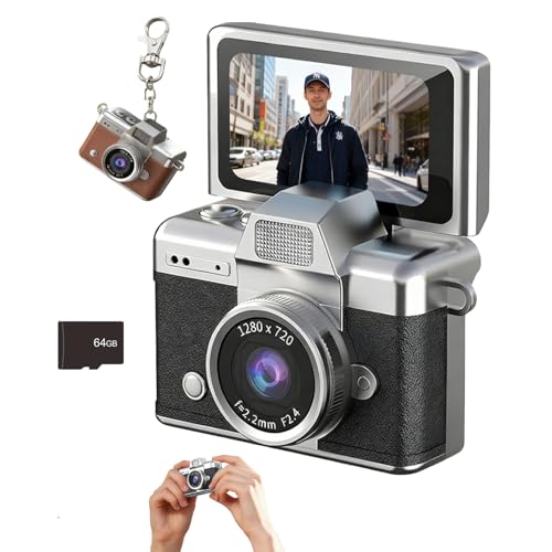 �~�j�f�W�^���J�����L�[�`�F�[���A1.45�C���`LCD�X�N���[��1080P�A2026�N�V�~�j���g���J�����A�X�g���b�v�t�����g��CD�f�W�^���J�����A�����t���b�V���A���s�p�[�e�B�[�p64GB��TF�J�[�h�t��(�u���b�N)