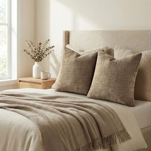 decorUhome Chenille Throw Pillow Covers 18x18 Set of 2, Light Taupe by decorUhome - Used condition - Image 7