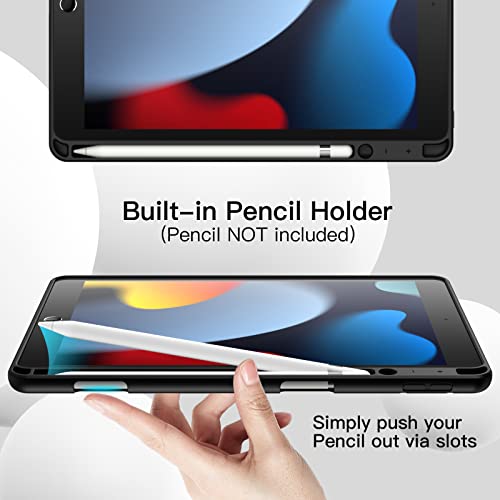 JETech iPad 10.2インチ ケース (2021/2020/2019モデル、第9/8/7世代用) Pencilホルダー付き ソフトTPUバック スリム保護カバー オートウェイクアップ/スリープ機能付き (ブラック)
