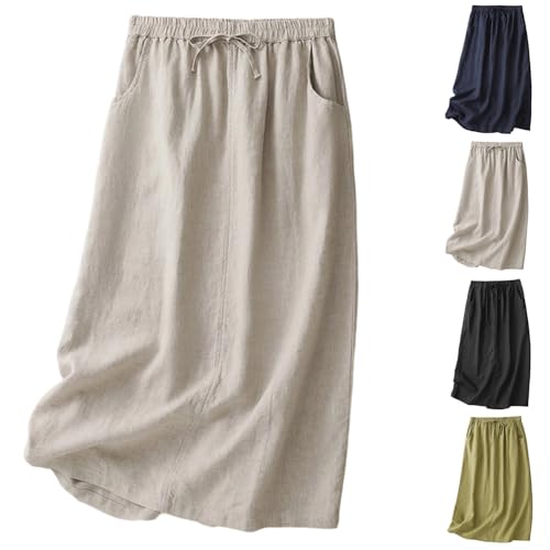 HGps8w Vintage Cotton Linen Skirt for Women 2025 Fall Elastic High Waist Loose Versatile Casual Maxi Skirts with Pockets2