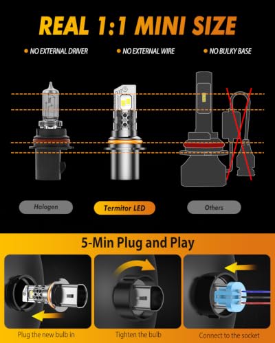 Image of Termitor 2026 Upgraded 9007 /HB5 Light Bulbs Hi /Low Beam 120000LM 1500% Brighter 6500K Cool White, 1:1 9007 Headlight Assemblies Mini Size 70K+ Hours Lifespan with Cooling Fan Plug & Play, Canbus Ready