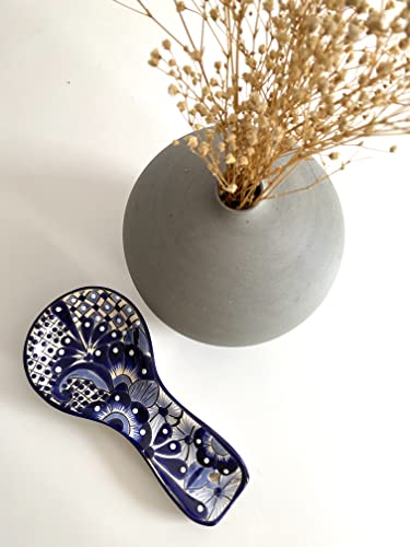 Ceramic Spoon Rest - Hand Painted Talavera Ceramic Spoon Holder In Gift Box - Lead-Free And Dishwasher Safe - Blue And White Mexican Style Cuchara Azul Blanco #TOP4