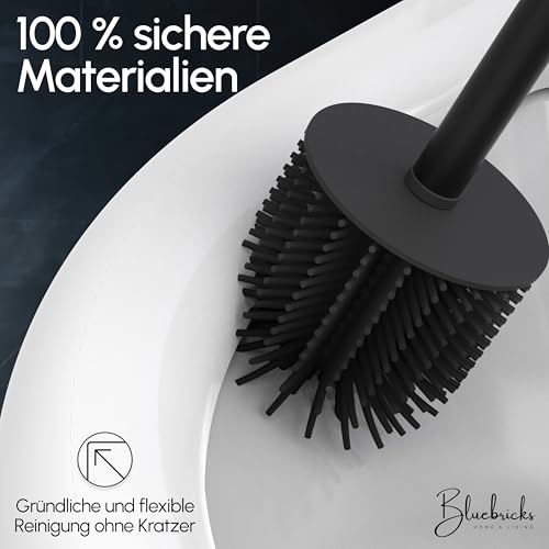 BLUEBRICKS® Klobürste Silikon schwarz mit Edelstahl Griff & Halter - Antibakterielle Design Toilettenbürste mit WC Bürstenhalter - geruchsneutral - WC Bürste Silikon mit Spritzschutz
