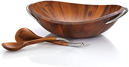 nambe Braid Salad Bowl with Servers | 3-Piece Set | Large Wooden Serving Bowl for Caesar Salad, Large Salads | Big Salad Bowl with Serving Utensils | Made of Chrome & Acacia Wood (20” L x 16” W)