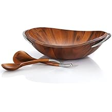 nambe Braid Salad Bowl with Servers | 3-Piece Set | Large Wooden Serving Bowl for Caesar Salad, Large Salads | Big Salad Bowl with Serving Utensils | Made of Chrome & Acacia Wood 20 L x 16 W