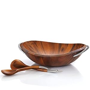 Nambe Braid Salad Bowl with Servers | 3-Piece Set | Large Wooden Serving Bowl for Caesar Salad, Large Salads | Big Salad Bowl with Serving Utensils | Made of Chrome & Acacia Wood (20” L x 16” W)