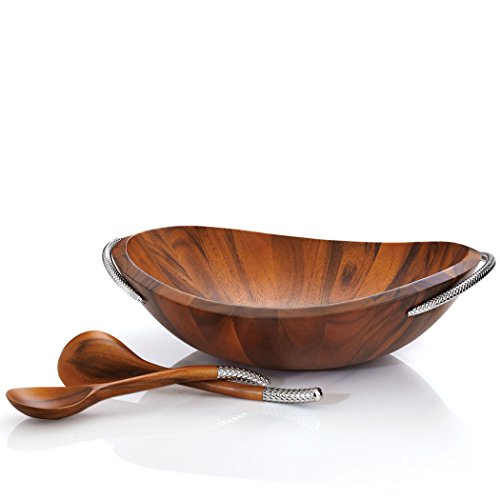 nambe Braid Salad Bowl with Servers | 3-Piece Set | Large Wooden Serving Bowl for Caesar Salad, Large Salads | Big Salad Bowl with Serving Utensils | Made of Chrome & Acacia Wood (20” L x 16” W) by Nambe - Used condition - US$152.99
