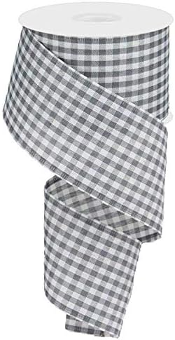 Gingham Check Wired Edge Ribbon, 2.5 x 10 Yards (Grey, White)