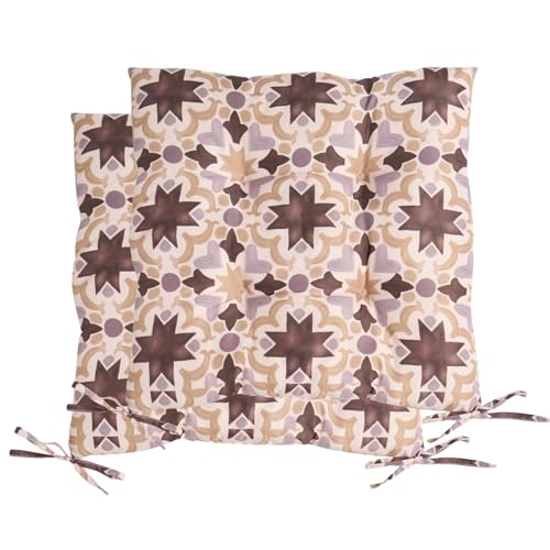 Image of OHS 2 Pack Seat Pads Garden Chair Cushions Tile Print, Soft Comfy Indoor Outdoor Seat Cushions with Ties for Garden Furniture Bistro Chairs Kitchen Dining Chair Cushions, Natural - 40 x 40cm