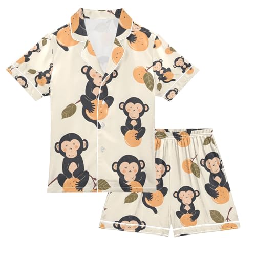 senya Monkey Peach Satin Summer Pajama Sets Silk Short Sleeve Button Down Sleepwear