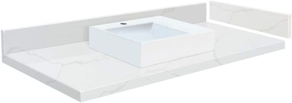 Transolid VT58.5x22-1RV-6F-A-W-1 Quartz Vanity Top with Single Hole and Rectangular Vessel Sink, 58.5" L x 22.25" D, Calacatta