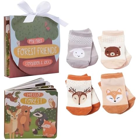Tickle & Main Woodland Forest Friends Baby Book - 5-Piece Set for Infants 0-12 Months, Includes Storybook and 4 Pairs of Animal Socks - Forest Theme Baby Stuff - Forest Baby Stuff Cover