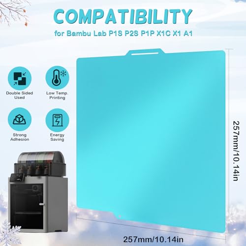 Nssnlur X2D P1S P2S A1 X1C Cool Build Plate for Bambulab 257x257mm, Cold Druckplatte PLA 30-50℃ Niedrige Temperatur Platte for Bambu Lab X2D P1S P2S A1 X1C X1 X1E 3D Printer Plattformen