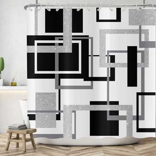 ASDCXZ Geometrie Duschvorhang 180x200 cm, Modern Schwarz Grey Silbrig Unregelmäßig Geometrie Muster Bad Waschbar Duschvorhänge Polyester Textil Wasserdicht Badevorhang für Badewanne mit 12 Haken