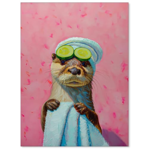 Jefuzh Vibrant Pink Sea Otter Posters Cute Animal Painting Wall Art Trendy Abstract Oil Painting Print for Dopamine Bathroom Decor 12x16 inch Unframed